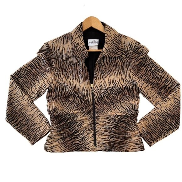 Joseph Ribkoff fitted blazer zip up animal prints sequins embellished medium - Picture 2 of 14